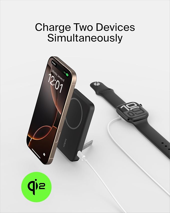 Belkin Portable Charger, Wireless Power Bank 15W 5000mAh w/ Qi2, MagSafe Charger + Built-in Pop-up Kickstand - Compatible w/iPhone 16, 15, 14, Plus, Pro, Max, Google Pixel 10, etc. - Black