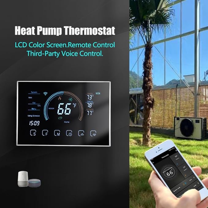 WiFi Smart Heat Pump Room Thermostat Temperature Controller 4.8 Inch Color LCD Screen Programmable Touch Control/Mobile APP/Voice Control Compatible with Alexa/Google Home