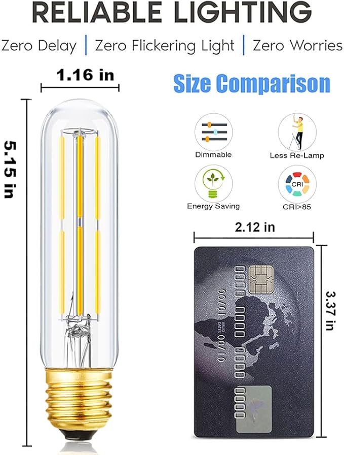 Leools Dimmable E26 LED Bulb 6W Equal 60 Watt Neutral White 4000K E26 Edison AC120V 600lm Tubular T9 T10 LED Light Bulb for Rustic Pendant,Chandeliers,Wall sconces 6Pack