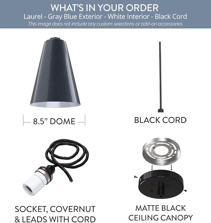 Steel Lighting Co. Laurel Pendant Light | Ceiling Mounted | 8.5 inch Cone Shade | Modern Contemporary Farmhouse Style Made in America | Black Cord | Gray Blue Exterior/White Interior