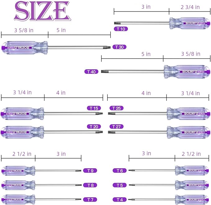 BOENFU Torx Star Screwdriver Set 13 PCS Heavy Duty T10 T20 Torx Security Screwdriver, T5 T15 T6 T8 T25 T30 T7 T27 T40 T9 T4 Star Shaped Drivers Set Fit Tamper Proof Screw, Purple