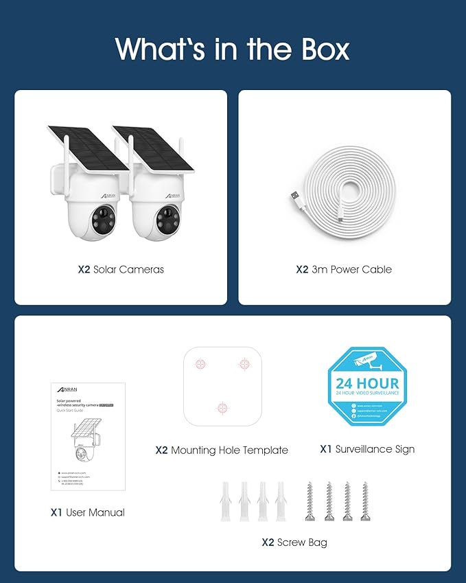 ANRAN 5MP Solar Security Cameras Wireless Outdoor, 2.4G WiFi Camera for Home Security with Fixed Solar Panel, 360° PTZ for Home Surveillance, PIR Human Detection,Color Night Vision, 2-Way Talk,2-Pcs