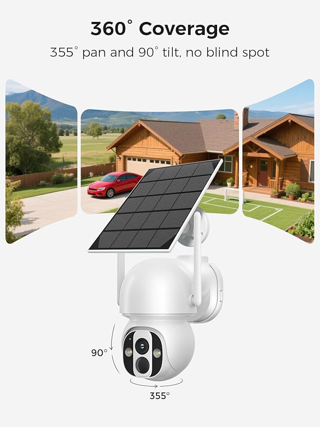 Solar Security Camera Outdoor Wireless WiFi Pro, 4MP Color Night Vision, AI/PIR Motion Detection, 360 PT, 2-Way Audio, IP66, 2.4/5GHz, SD/Cloud Storage, Works with Alexa, Mobile App & HomeBase