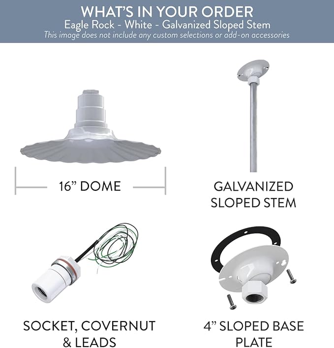 Steel Lighting Co. Eagle Rock Pendant | Ceiling Mounted Light | 16 inch Radial Wave | 12 inch Sloped Stem | Heavy Duty Steel Retro Farmhouse Style Made in America | White Exterior/White Interior