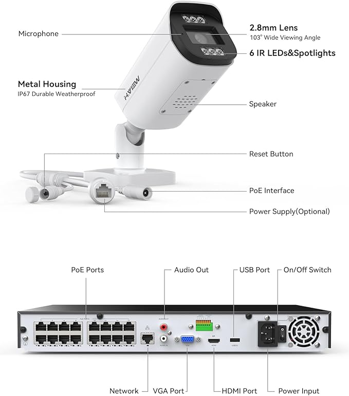 H.VIEW 4K 16 Channel Security Camera System 8TB Ultra Large HDD,16Pcs CCTV Camera Kits PoE 8MP Outdoor Bullet Wired Surveillance Video with Audio,16CH 4K H.265 NVR for 7/24 Recording