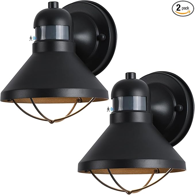 LONEDRUID 2 Pack Motion Sensor Outdoor LED Wall Light Dusk to Dawn Exterior Sconce Lighting Fixture Waterproof Wall Mount Barn Lamp Black Outside Lantern for House Porch Garage Farmhouse