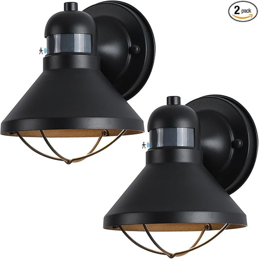 LONEDRUID 2 Pack Motion Sensor Outdoor LED Wall Light Dusk to Dawn Exterior Sconce Lighting Fixture Waterproof Wall Mount Barn Lamp Black Outside Lantern for House Porch Garage Farmhouse