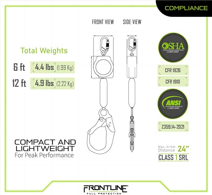 Frontline RPA12R 12' Aramid Web Single Leg SRL with Steel Rebar Hook | Lightweight, Durable & Compact | 310 lbs Capacity | Aramid Fiber Webbing | ANSI & OSHA Compliant | ISO Lab Tested (3 Pack)