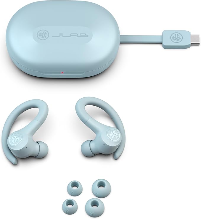 JLab Go Sport+ Wireless Workout Earbuds Featuring C3 Clear Calling, Secure Earhook Sport Design, 35+ Hour Bluetooth Playtime, and 3 EQ Sound Settings (Light Blue)