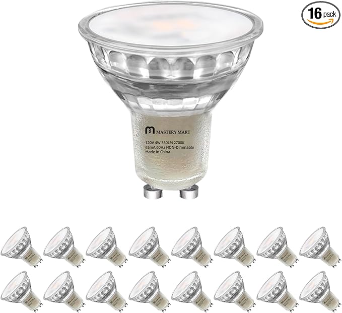 MASTERY MART 16 Pack Non-Dimmable GU10 LED Light Bulbs, 4W Bright 2700K Soft White 35W Halogen Equivalent, 350lm Energy Saver for Track Lighting Fixture, Kitchen, Basement, 15000 Hours Lifespan