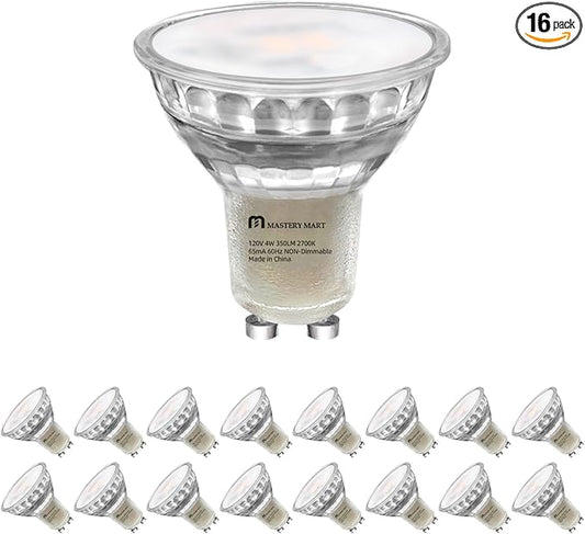 MASTERY MART 16 Pack Non-Dimmable GU10 LED Light Bulbs, 4W Bright 2700K Soft White 35W Halogen Equivalent, 350lm Energy Saver for Track Lighting Fixture, Kitchen, Basement, 15000 Hours Lifespan