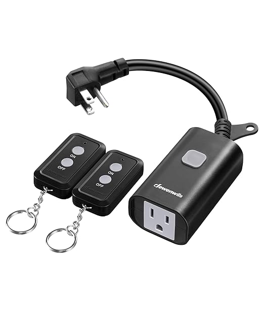 DEWENWILS Outdoor Remote Control Outlet, 15A Wireless Remote Control Switch, 100FT Control Range&14AWG SJTW Power Cord, for Lights Outdoor Appliances, 2 Remote Controls+1 Outlet, FCC Listed