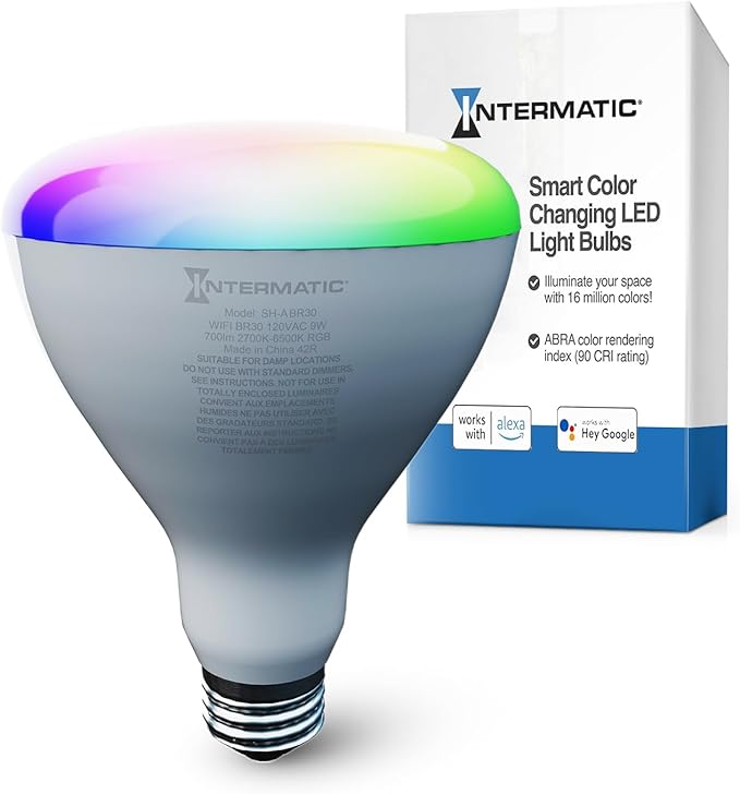 Intermatic ABRA BR30 Wi-Fi Smart Bulb, 750 Lumens - Voice Controlled RGB Color Changing LED, Compatible with Alexa & Google Home - Timers & Schedules, 2.4 GHz Wi-Fi Only, No Hub Required - 1 Pack