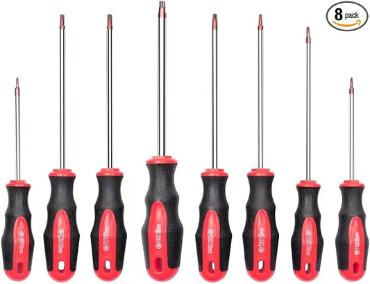 ROTATION 8PCS Magnetic Tip Torx Screwdriver Set, 8 Torx Star Screwdrivers, T8, T10, T15, T20, T25, T27, T30, T40 Red Tip | Red, Gloss, S2 Steel