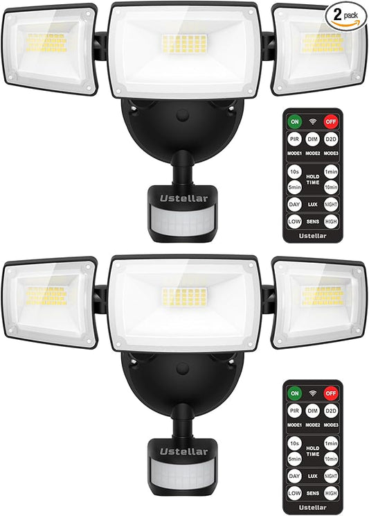 USTELLAR 55W LED Security Lights Motion Sensor Light with Remote Control, Outdoor LED Flood Lights Dusk to Dawn 5500LM 5000K, IP65 Waterproof, Exterior Floodlight for Garage, Yard, Eave - 2 Pack BLACK