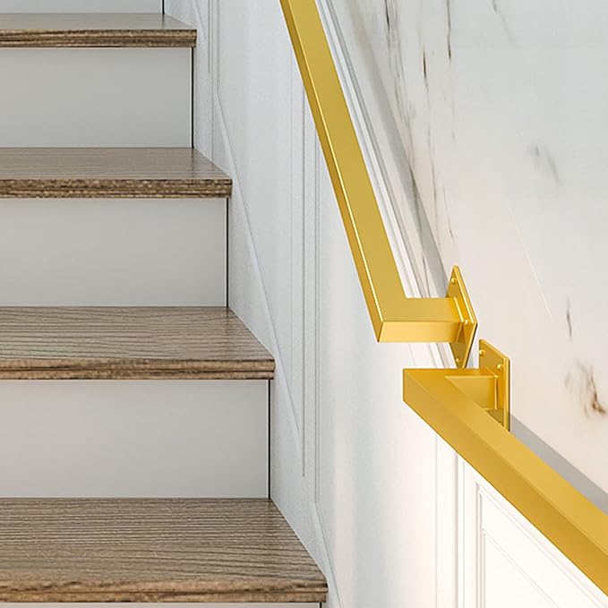 2FT Gold Iron Hand Railing, Sturdy Safety Staircase Handrails Wall Mount, 500lbs Load Capacity Industrial Iron Railing Pipe Handrail for Indoor Stairs Outdoor Deck Loft Porch, Non-Slip and Rust