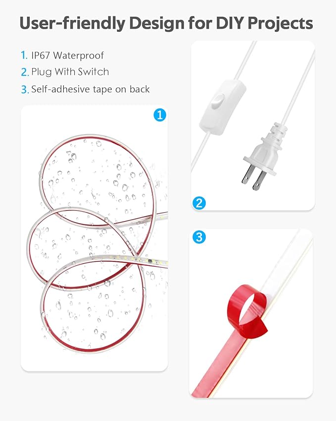 AC 110V-120V LED Strip Lights 100FT Outdoor Waterproof LED Rope Light for Outside Self-Adhesive 6000K Super Bright Cold White Plug in SMD 2835 120LED/M IP67 for Garden Patio Christmas Decor