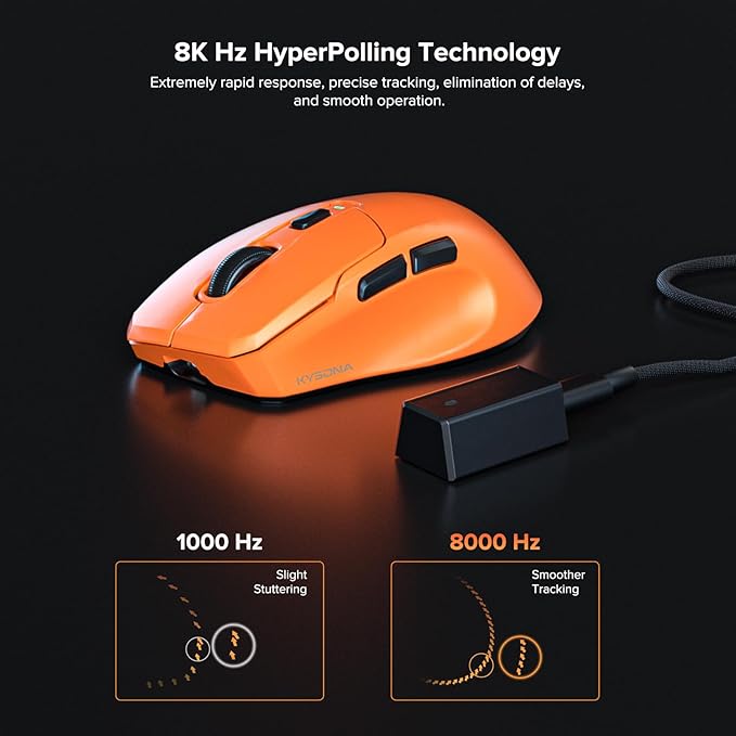 Wireless Gaming Mouse, 26000 DPI, 8K Polling Rate, Tri-Mode 2.4GHz/USB-C/Bluetooth Ergonomic Mouse, Web-Driven, Ice-Cooling Coating, Rechargeable Gaming Mice for Laptop/PC/Mac/Xbox, Orange
