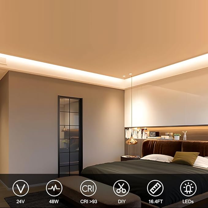 VST 16.4ft COB LED Strip Lights Warm White 2700K, 24V Dimmable LED Tape Light, 48w, 2640 LEDs, Ra 93+, IP30, Lighting for Kitchen, Cabinets, UL Listed (Power Source Not Included)