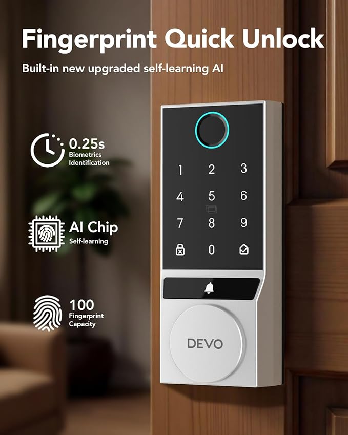 Devo G3 Fingerprint Smart Door Lock, Keyless Entry Door Lock, App Control, Smart Locks for Front Door, Smart Deadbolt Lock, Built-in Wi-Fi, Touchscreen Keypad, 8 Months Battery, IP54 Waterproof