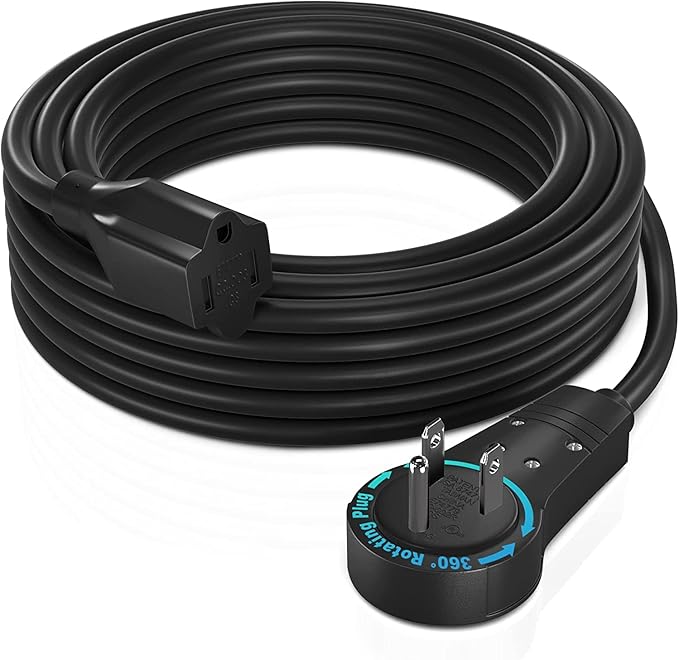 Maximm Cable 25 Feet 360° Rotating Flat Plug Extension Cord/Wire, 3 Prong Grounded Wire 16 Awg Power Cord - Black UL Certified