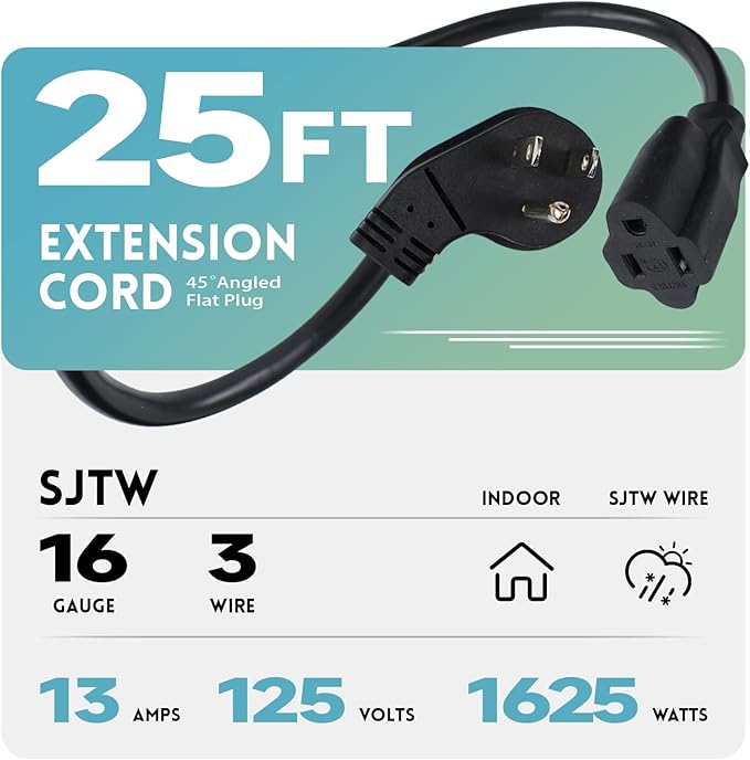 EP 25 Ft Flat Plug Extension Cord, 16 AWG 3 Prong Grounded Black Low Profile Extension Cable for Indoor, UL Listed