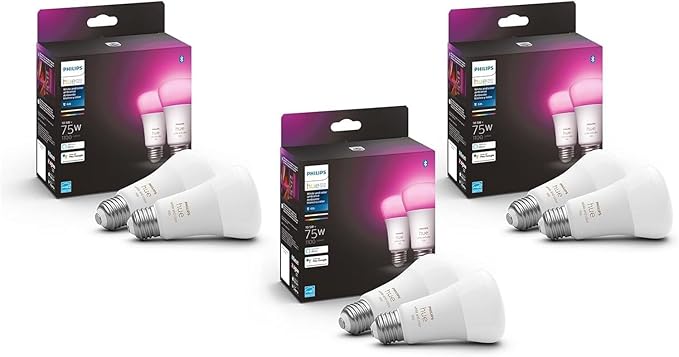 Philips Hue Smart 75W A19 LED Bulb - White and Color Ambiance Color - Changing Light - 6 Pack - 1100LM - E26 - Indoor - Control with Hue App - Works with Alexa, Google Assistant and Apple Homekit