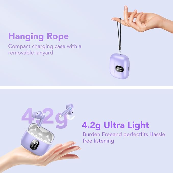 Wireless Earbuds, 2025 New Bluetooth 5.4 Headphones HiFi Stereo with 4 ENC Mic, 40H Mini Ear Buds In-Ear Noise Cancelling Earbuds with Screen, Ultra Light Bluetooth Earphones Purple for Android iOS