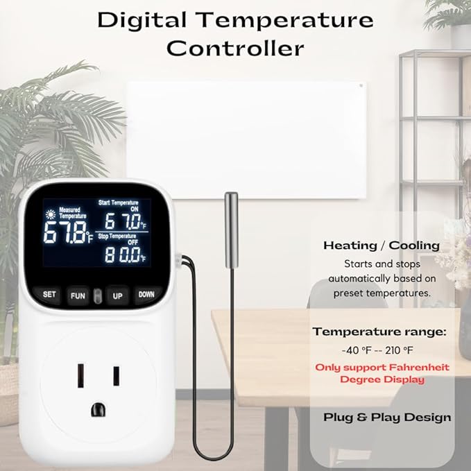 Backlit Digital Temperature Controller Thermostat Socket Plug with Timer Heating and Cooling Mode 110V 15A Fahrenheit
