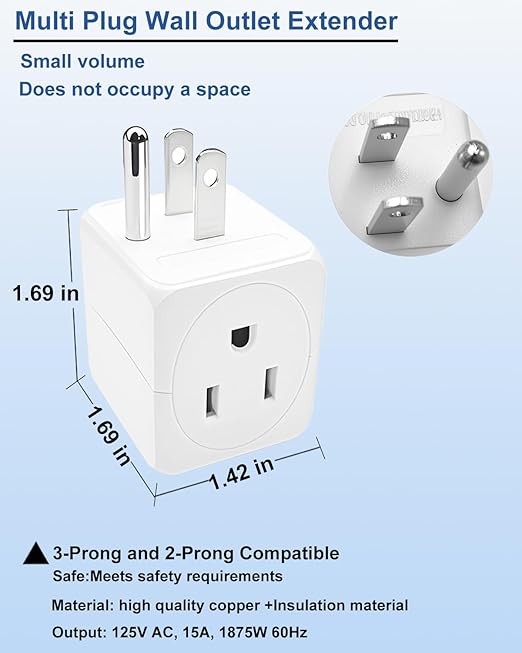 Multi Plug Outlets Extender 3 Pack Electrical Wall Splitter 3 Outlet- 3 Way Square Wall Outlet Adapter, Compact Space-Saving Design for Cruise Ship, Home Office, Dorm Room, Travel Essentials, White