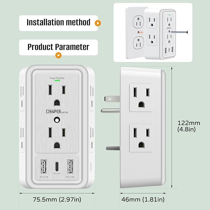 USB Wall Charger Surge Protector, Super Electro 6 Outlet Extender with 3 USB Charging Ports (5V 3.4A Total) and Night Light, 3-Sided 1500J Multi Plug Wall Outlet for Home, Office, ETL Listed
