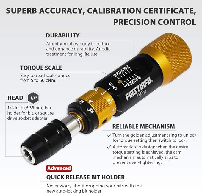 FIRSTINFO H5177 Ultra Precision Certified Torque Limiting Screwdriver 5-60 cNm (0.05-0.6 Nm), 1/4 Inch Universal Hex Quick Release Bit Holder