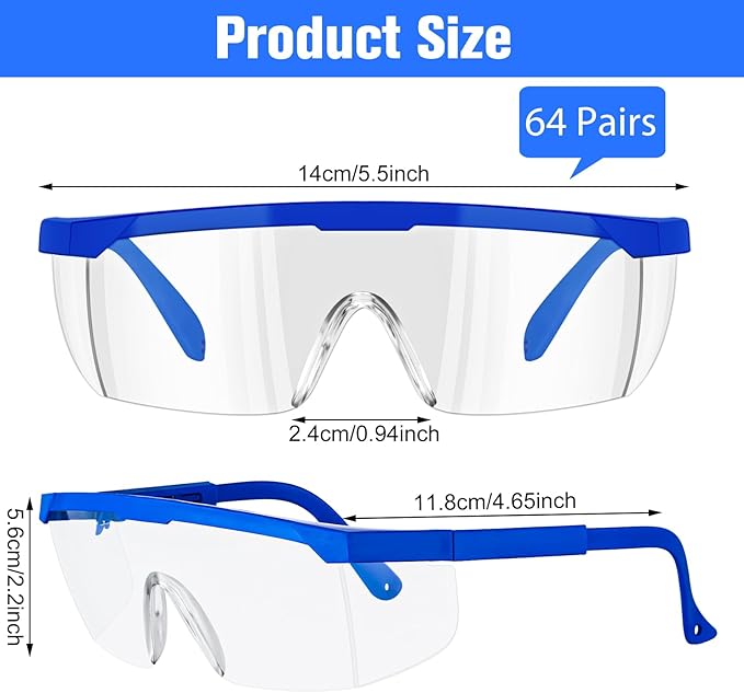 64 Pairs Safety Goggles Bulk Lab Goggles for Science Class over Glasses Eye Protection Glasses for Men Women Kids(Blue)