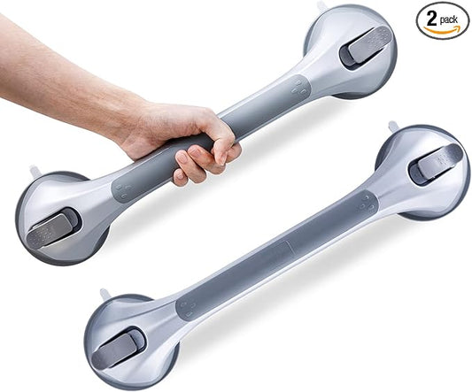 LEVERLOC Shower Grab Bars 2 Pack, Suction Grab Bar Easy to Install Shower Handle for Bathroom Removable Handrails for Seniors Elderly Heavy Duty Safety Grip Waterproof Drill Free, Silver
