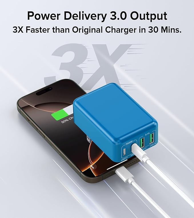 2Pack Flat USB C Charger Block, 40W 4-Port Fast Charger 20W Type C Charging Block 3.1A USB Wall Charger Dual Port PD+QC Charging Cube for iPhone 16 15 14 13 12 Pro Max XS, iPad,Samsung,（Light Blue ）