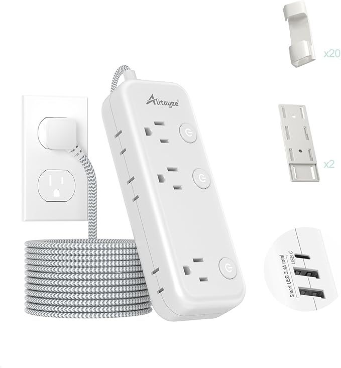 15FT Surge Protector Power Strip with Individual Switches 6 Outlets 3 USB(17W USB C), Ultra Thin Flat Plug Braided Cord, Wall Mount Extension Cord with Overload Protection for Home Office Dorm 1625W