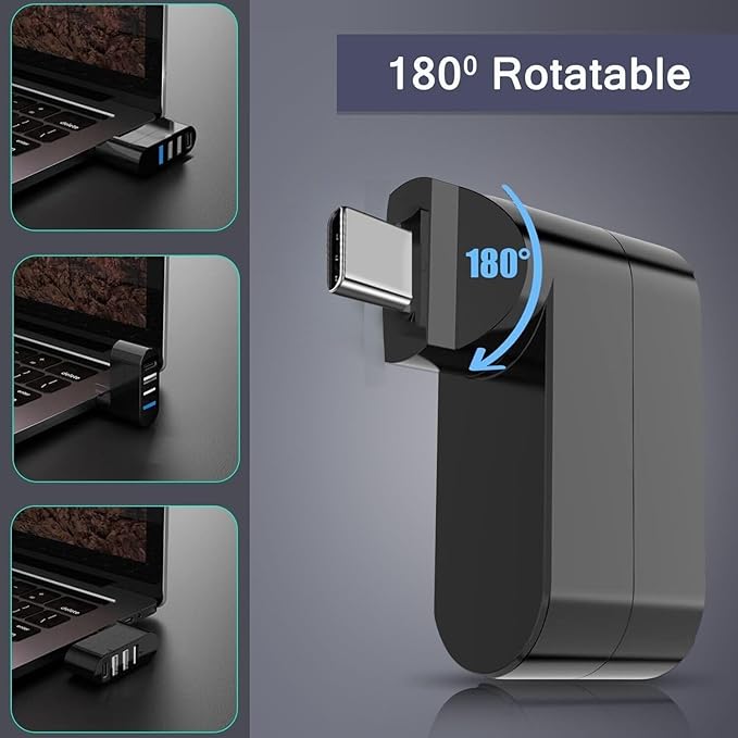 VIENON 4-Port USB C Hub [90°/180° Degree Rotatable], USB C Adapter Splitter with PD-in 5W Port, USB Extender for MacBook, iMac, Surface, and More C Port Laptop(Not for Car)