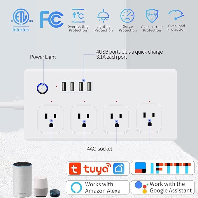 Smart Power Strip, UseeLink WiFi Surge Protector Compatible with Alexa & Google Home, Smart Plug with 4 USB Ports & 4 AC Outlets, Voice and Remote Control & Timer Schedule, 5ft Extension Cord