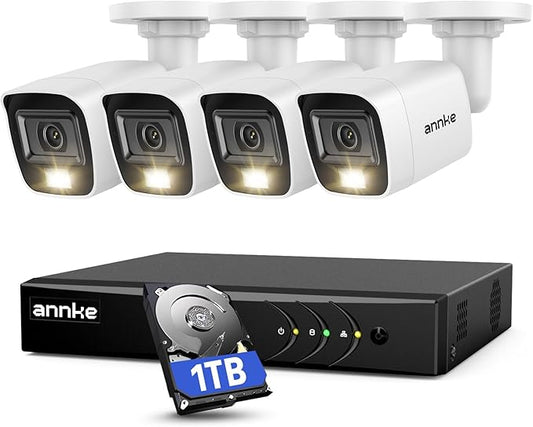 ANNKE 8CH 3K Lite AI DVR with Human/Vehicle Detection, H.265+ Surveillance Security Camera System with Audio and 4pcs 1080P Security Cameras with Dual Light, IP67, Color Night Vision, 1TB Hard Drive