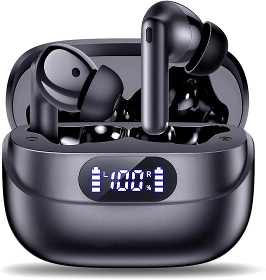 Wireless Earbuds, 42H Playtime Bluetooth 5.3 Headphones, HiFi Stereo Call Noise Cancelling Earbuds, IPX7 Waterproof Stereo in-Ear Earphones with LED Display for iOS Android (Black)