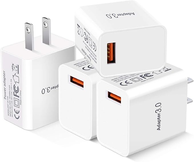 Fast Charge 3.0 Wall Charger, 18W USB Wall Plug 3A Fast Charging Block Power Adapter Compatible with Wireless Charger iPhone 16 15 14 Pro Max 13 12 11 XR Galaxy S23 S22 A03s, 4Pack White