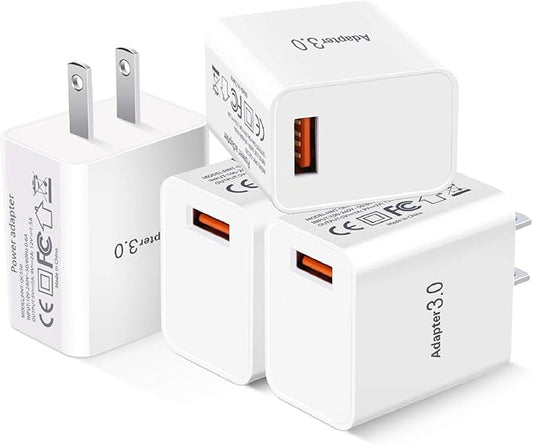 Fast Charge 3.0 Wall Charger, 18W USB Wall Plug 3A Fast Charging Block Power Adapter Compatible with Wireless Charger iPhone 16 15 14 Pro Max 13 12 11 XR Galaxy S23 S22 A03s, 4Pack White
