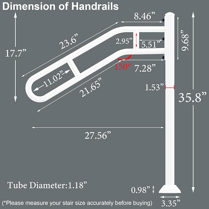 Upgraded Single Post Handrail, White Bent Wrought Iron Handrails for Outdoor 1-3 Steps, Metal Freestanding Porch Railing, Floor Mounted Stair Rails with 2 Anti-Skid Crossbar for Garage, 32"L x 35.8" H