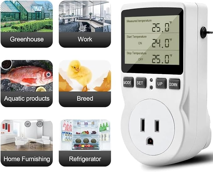 Diymore 1800W Plug in Thermostat Temperature Controller Electric Digital RV Thermostats Heating Cooling Control Mode Timer White 120V 15A Digital Temperature Controller Thermostat Timer LCD Display