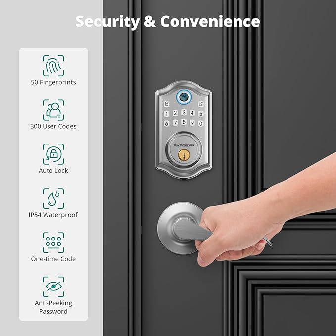 DS10 Keyless Entry Door Lock with 2 Lever Handle, Fingerprint, Keypad Code, 2 Keys, Smart Locks for Front Door, Bedroom, One-time Code, Auto-Lock, Easy Installation