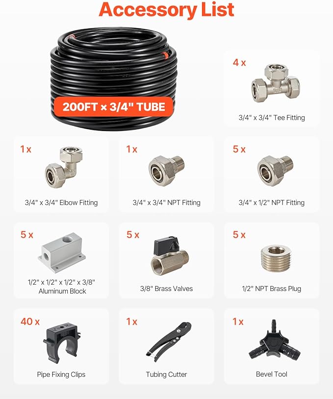 VEVOR Air Compressor Line Kit, 200FT x 3/4", HDPE-Aluminum Compressed Air Piping System, Leak-Proof & Easy-to-Install, Compressed Air Line Tubing Kit for Garages Workshops, Black