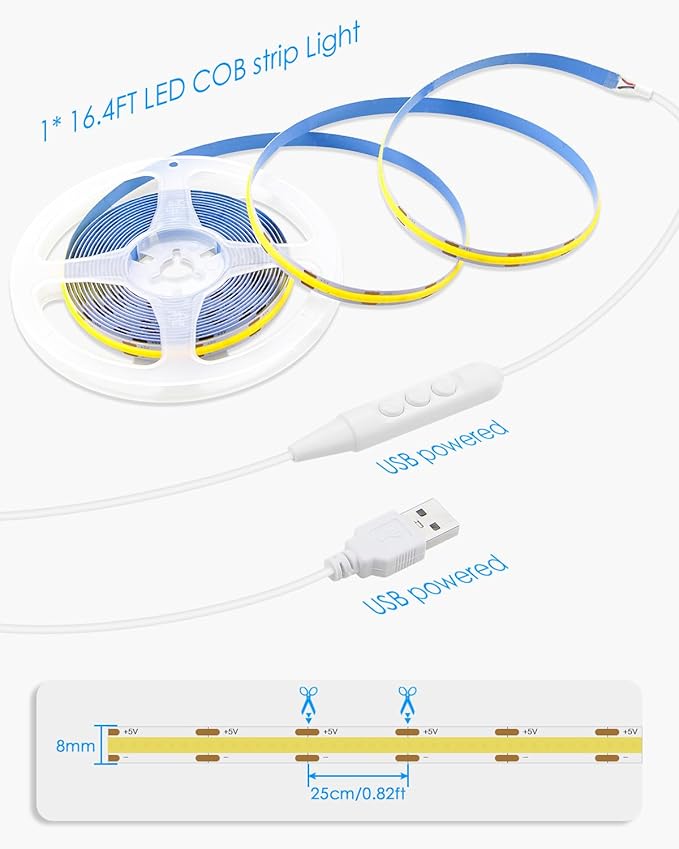 5V USB COB LED Light Strip Dimmable High Density White Light for TV 16.4FT 6000K 320LEDs/M Flexible LED Strip Lights USB Powered with Self -Adhesive for Bedroom Mirror TV Backlight Decor 5M