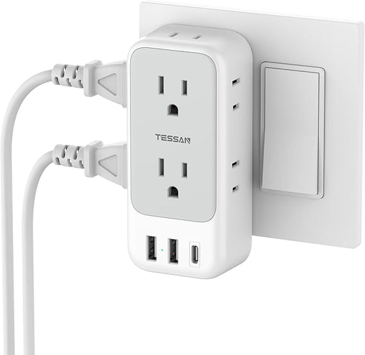USB Plug Adapter for Wall Outlet, TESSAN Outlet Extender with USB C, 7 AC Multi Plug Wall Charger, 4 Sided Design for Cruise, Home, Office, Dorm Room Essentials, Grey