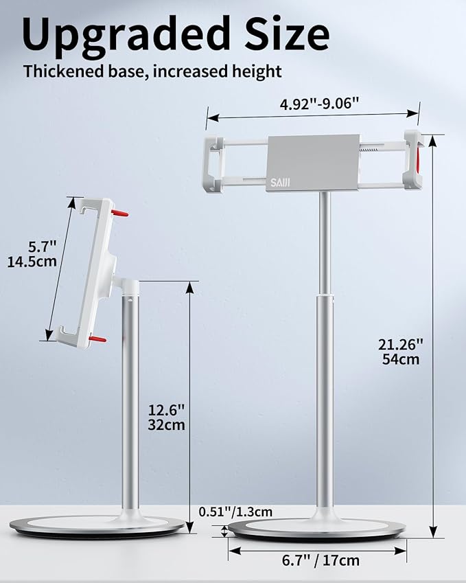 SAIJI Tablet Stand Holder, Height Adjustable Portable Monitor Stand, 360 Degree Rotating, Aluminum Alloy Cradle Mount Dock for 4.7"-15.6" Screen iPhone Samsung, iPad, Kindle, eBook Reader (Silver)