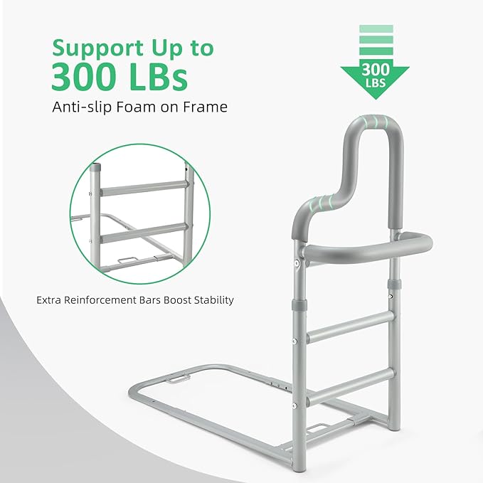 Dual Bar Bed Rail for Elderly Adults Safety with Storage Pocket, Bed Assist Rail for Seniors for Easily Getting in & Out of Bed, Bed Rails Fits King, Queen, Full, Twin Bed - Grey